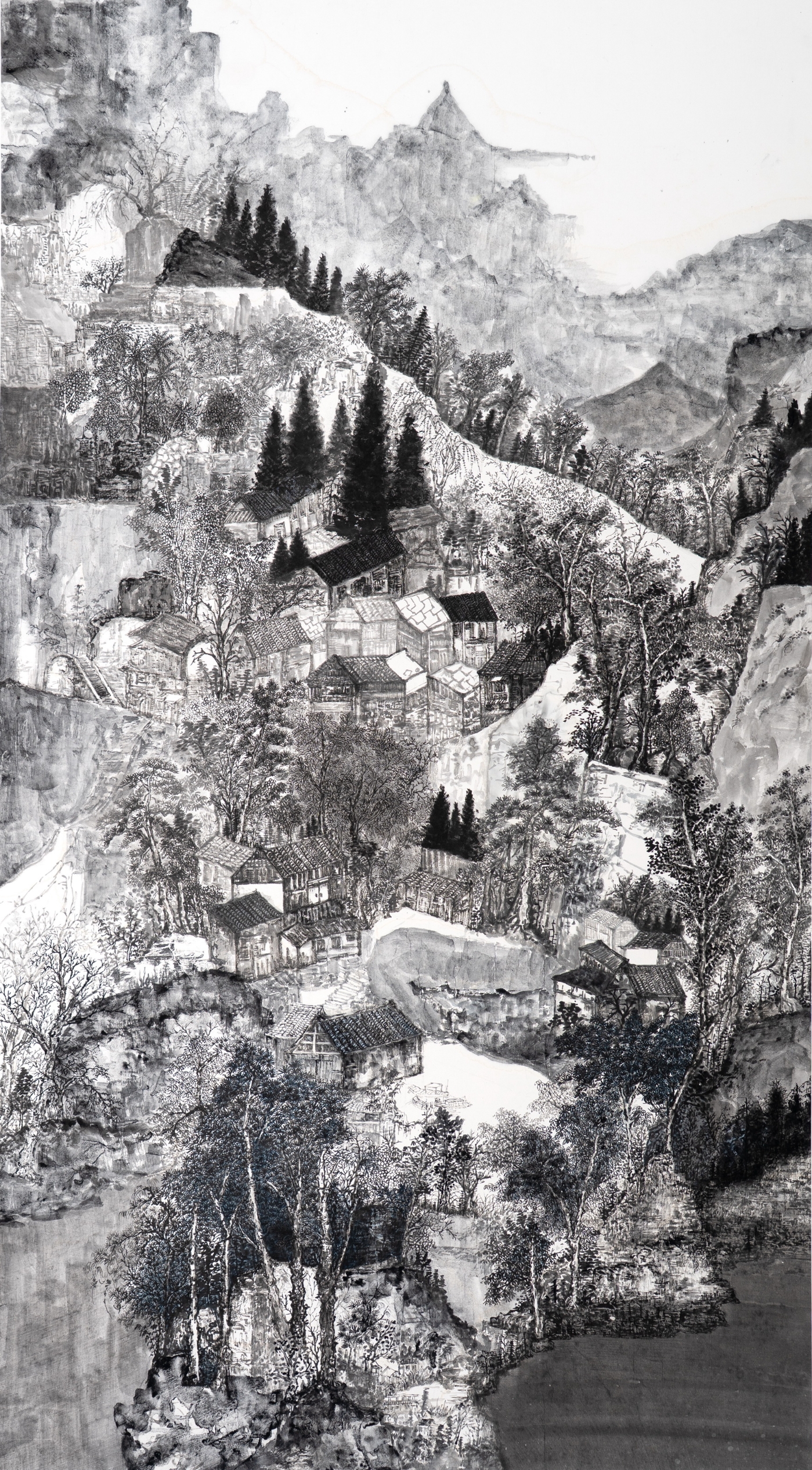 賈馨《長江岸_山居圖》175×96cm