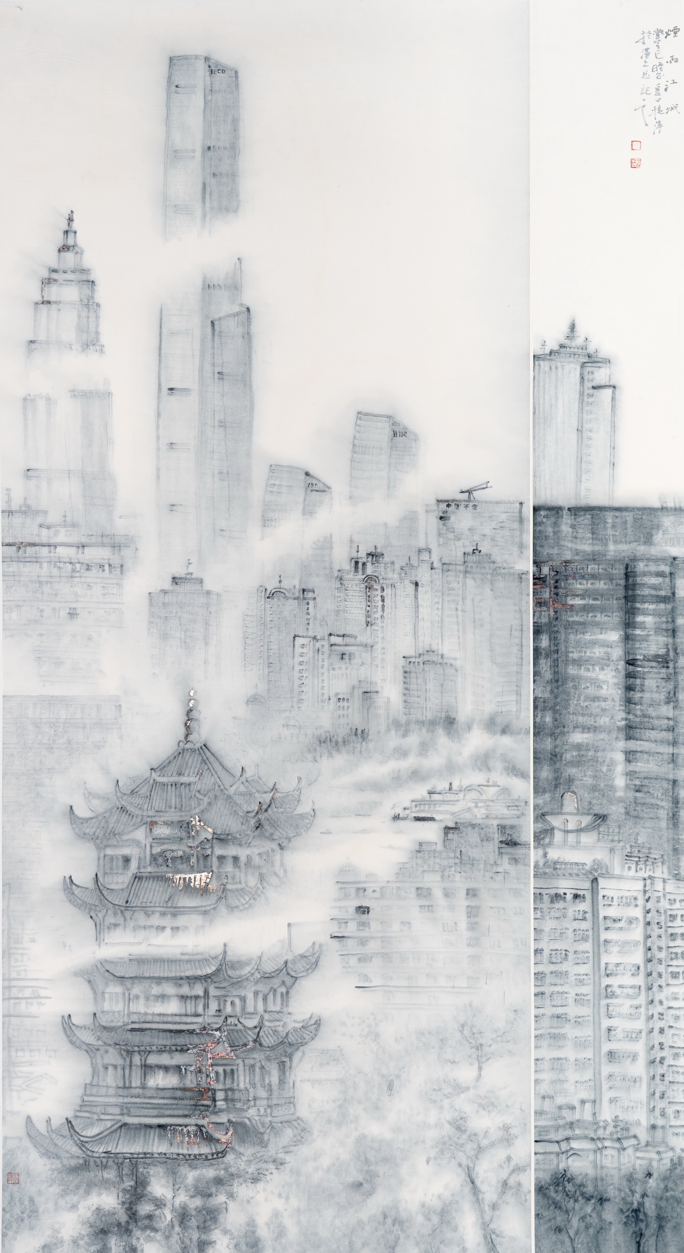 王秋萍《煙雨江城》180cmx96cm