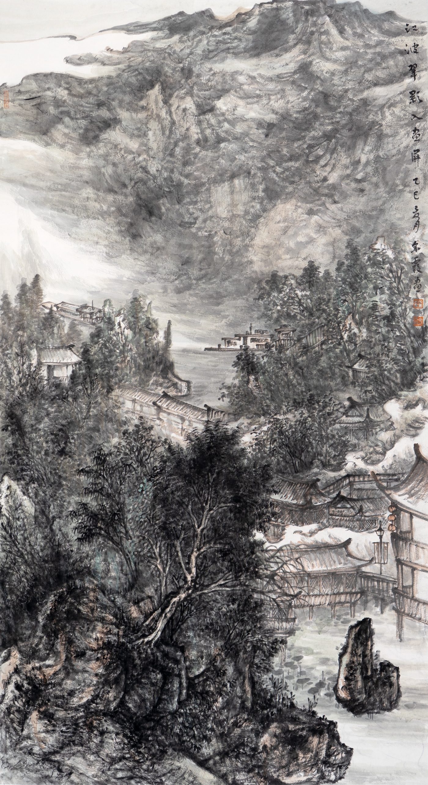 余霞《江波翠影入畫屏》180cmx96cm