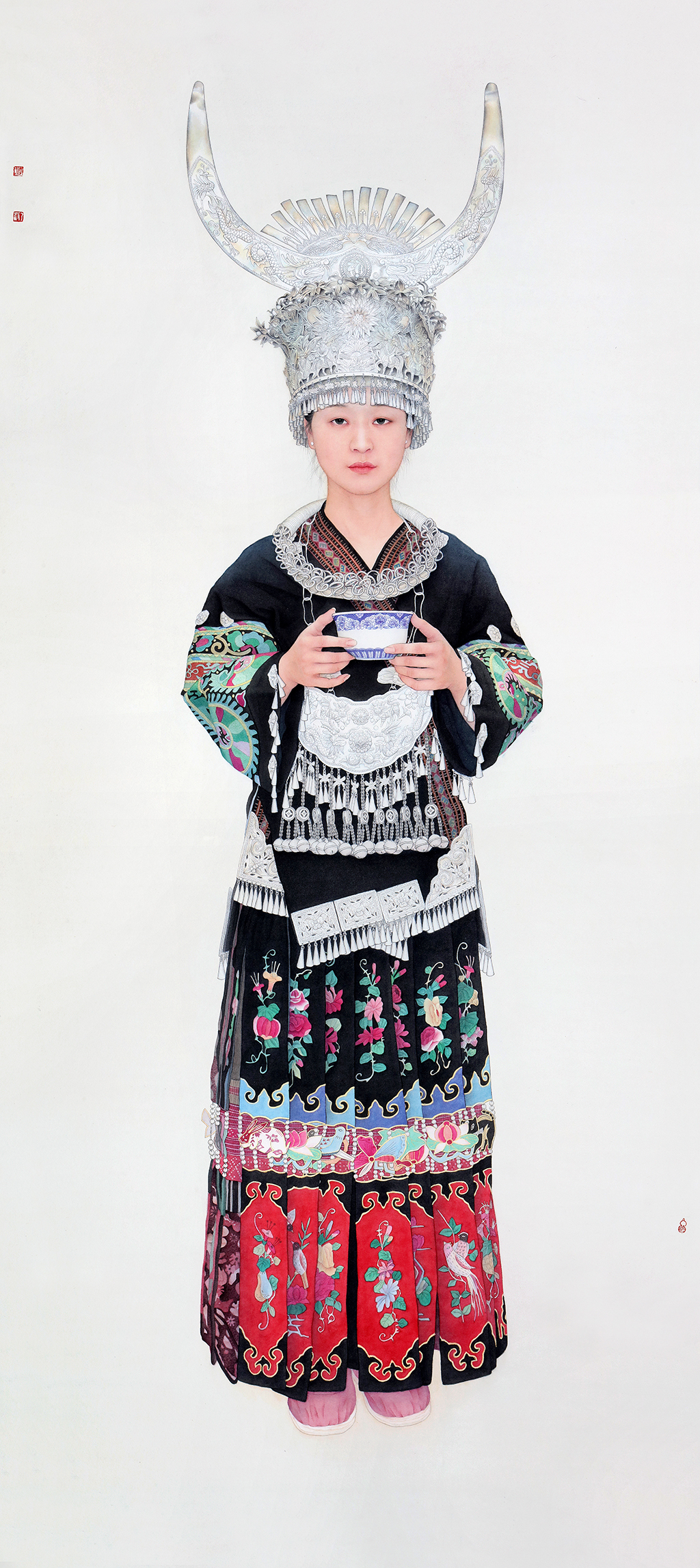 工筆畫《苗寨酒歌》紙本，畫芯尺寸：224cmX100cm,2021年8月創(chuàng)作，李乃蔚。