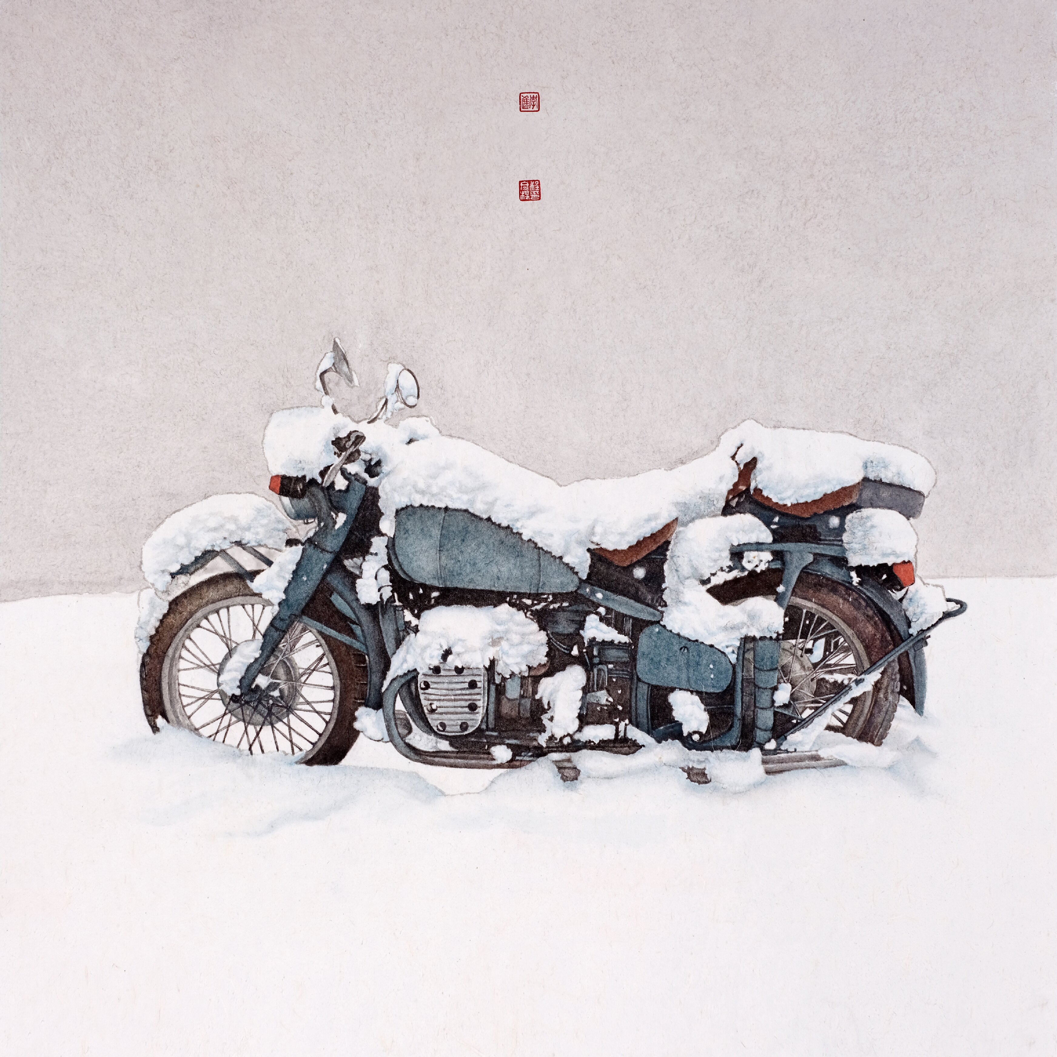 203李進(jìn)  程冬梅+《雪中摩托》+中國畫 72cmx72